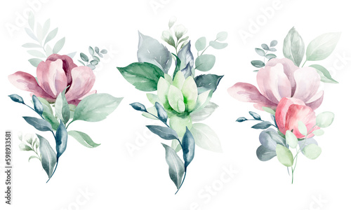 Set of illustrations of watercolor flower bouquet - pale pink, green, pink flower, green leaf leaves, branches of bouquets collection. Wedding stationery, congratulations, wallpapers, backgrounds