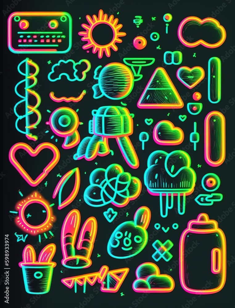 neon shapes in abstraction style are drawn by hand. party wallpaper. doodle objects neon shapes in abstraction style are drawn by hand. party wallpaper. doodle objects