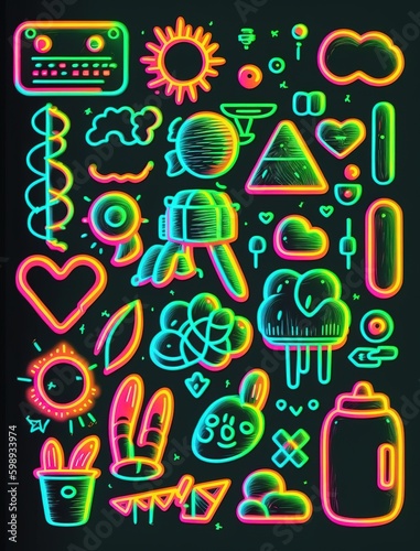 neon shapes in abstraction style are drawn by hand. party wallpaper. doodle objects