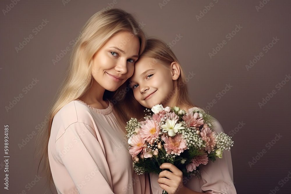 mother with flowers from beautiful daughter, mother and daughter, parent and child, Generative AI mother with flowers from beautiful daughter, mother and daughter, parent and child, Generative AI