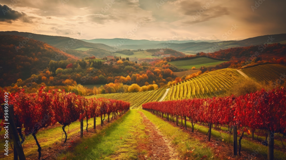 a steep vineyard in autumn. Generative AI