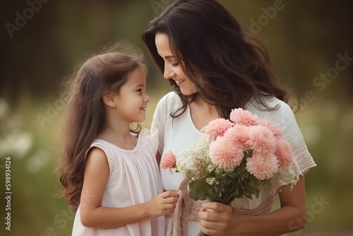mother and daughter giving flowers having a cute moment together, mother and daughter, mother with flowers from beautiful daughter, mother's day concept, Generative AI