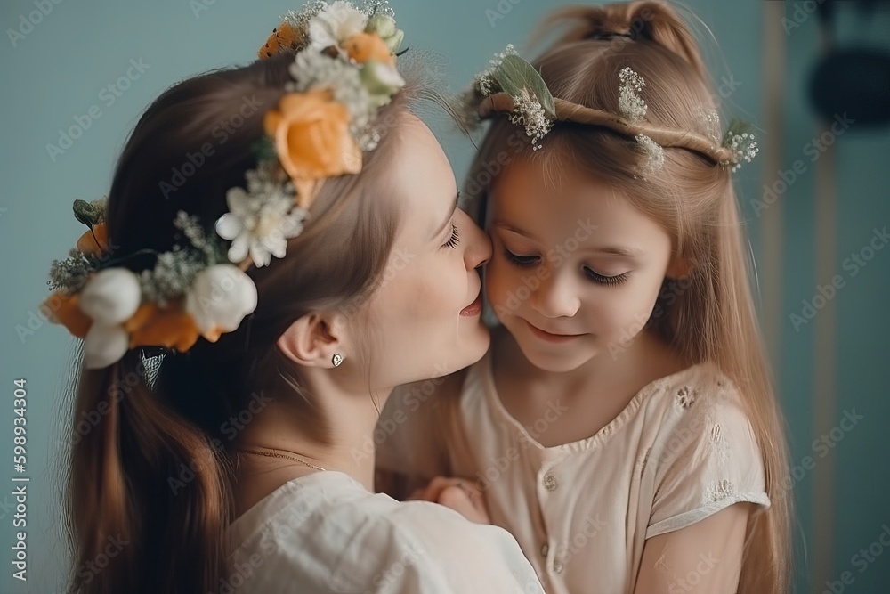 Fototapeta premium Mother's day. little daughter hide flowers in her back, congratulates her mother, portrait of a girl with flowers, Generative AI
