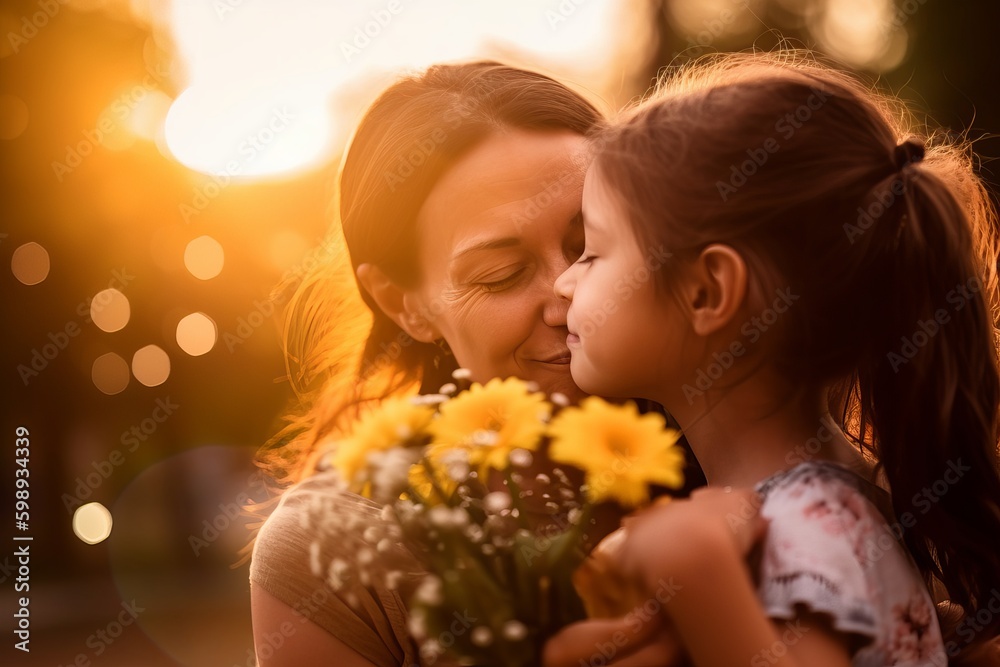 Mother's day. little daughter hide flowers in her back, congratulates her mother, portrait of a girl with flowers, Generative AI Mother's day. little daughter hide flowers in her back, congratulates her mother, portrait of a girl with flowers, Generative AI
