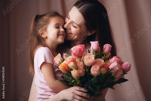 Mother's day. little daughter hide flowers in her back, congratulates her mother, portrait of a girl with flowers, Generative AI