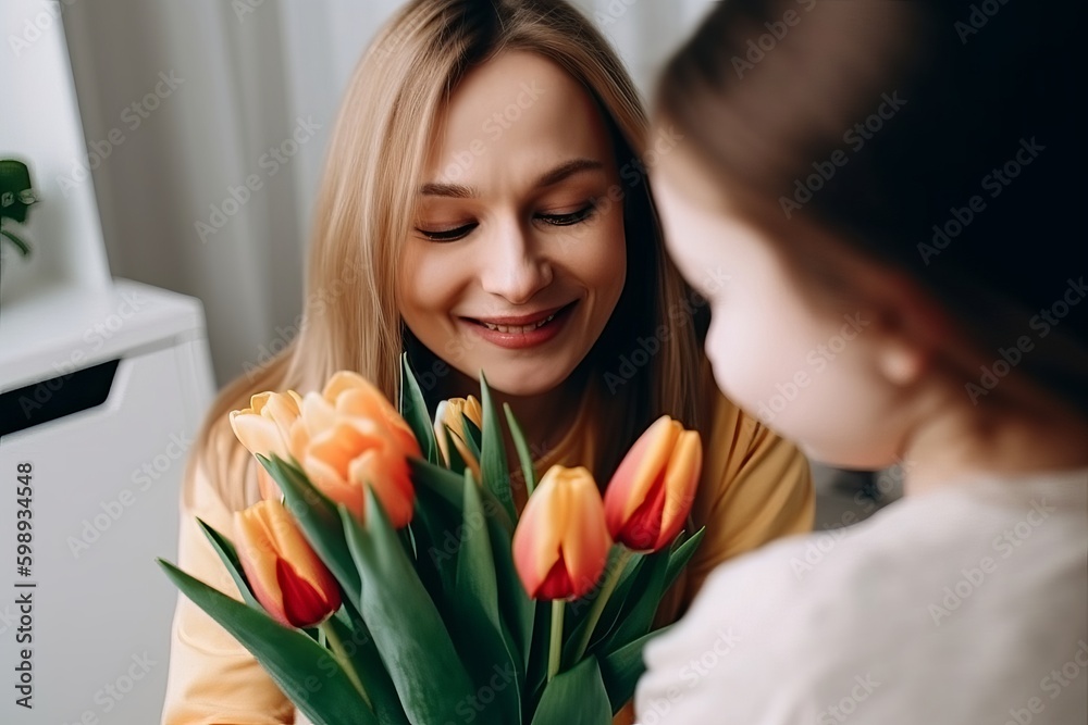 satisfied mom with tulips looking at daughter, mother with flowers from beautiful daughter, mother's day concept, woman with rose, Generative AI