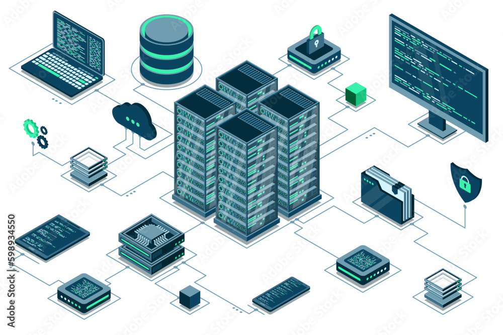 Computer technology isometric illustration. Computation of big data center. Cloud computing. Online devices upload and download information. Modern 3d isometric vector illustration - obrazy, fototapety, plakaty 