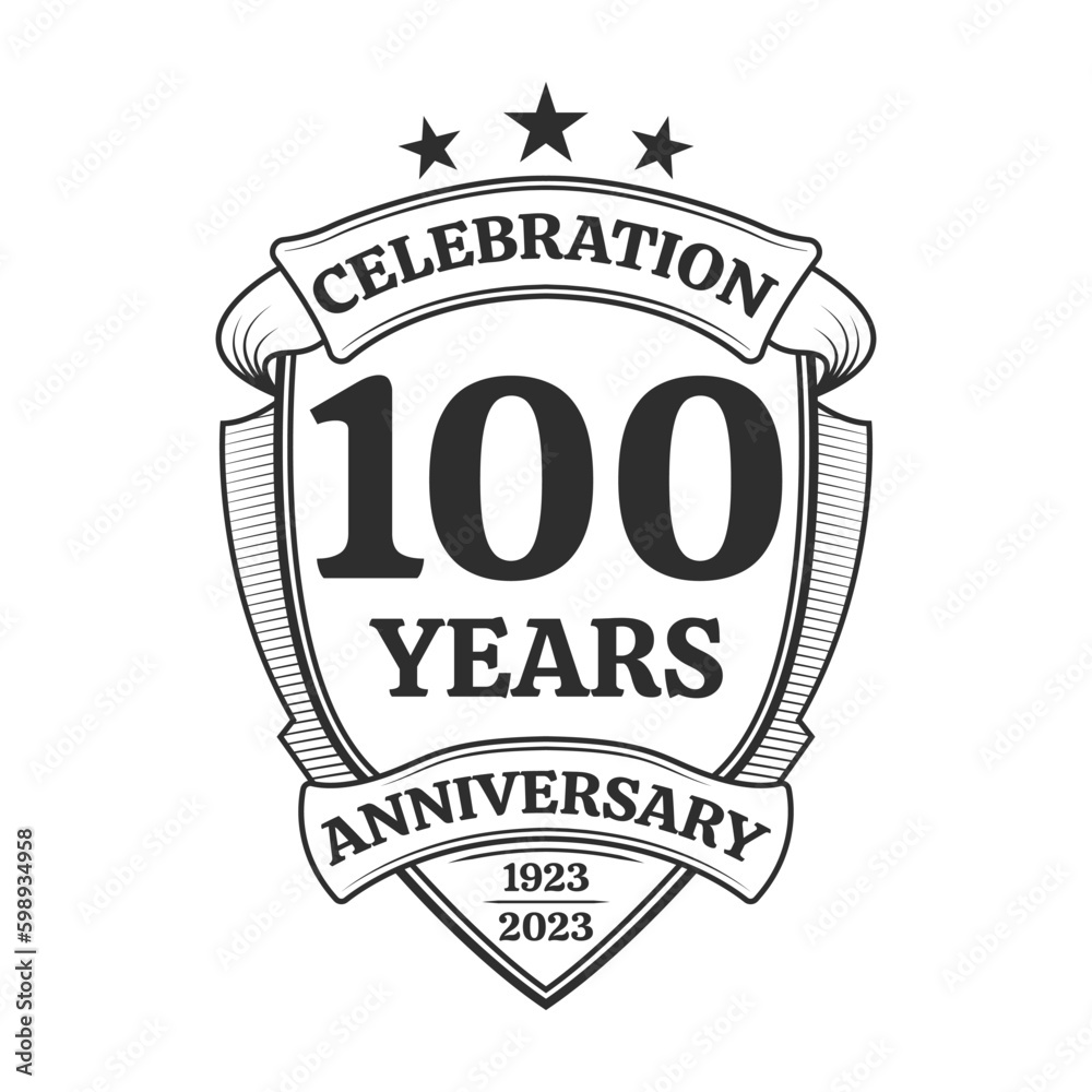 Obraz premium 100 years anniversary icon or logo. 90th yubilee celebration, business company birthday badge or label. Vintage banner with shield and ribbon. Wedding, invitation design element. Vector illustration.
