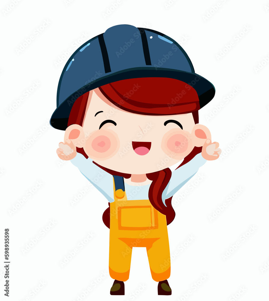 Cute little happy factory builder worker, vector art