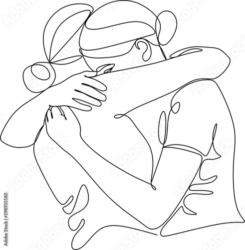 Abstract portrait of two young beautiful women. Friends, sisters or couple. Continuous one line drawing isolated on white. Vector illustration in a simple modern style.