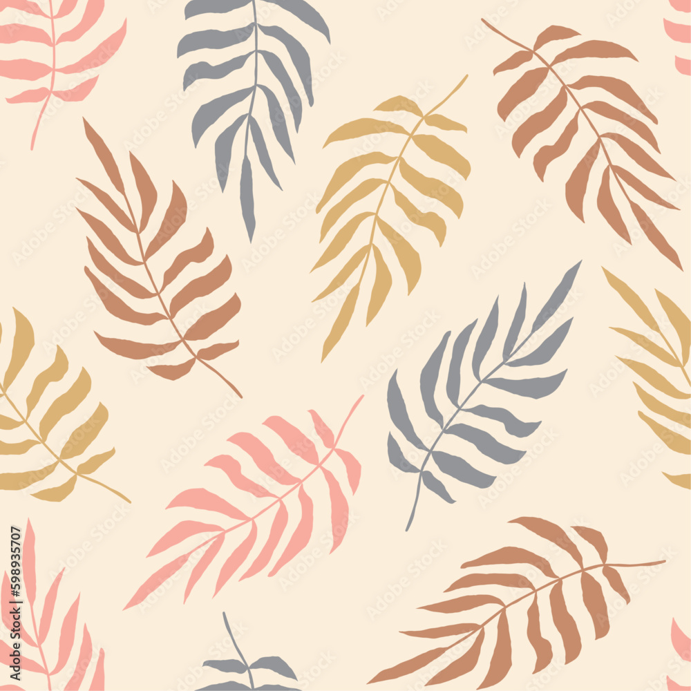 Simple vector seamless pattern with leaves, neutral pastel color background