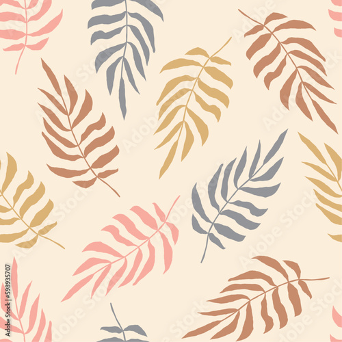 Simple vector seamless pattern with leaves, neutral pastel color background