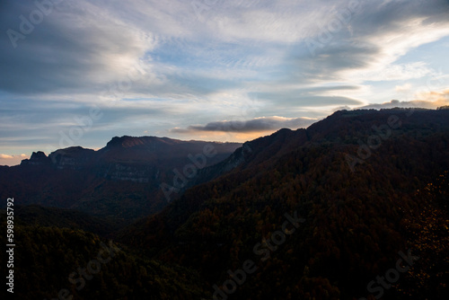 Fototapeta Naklejka Na Ścianę i Meble -  Autumn sunset in Puigsacalm peak, La Garrotxa, Spain