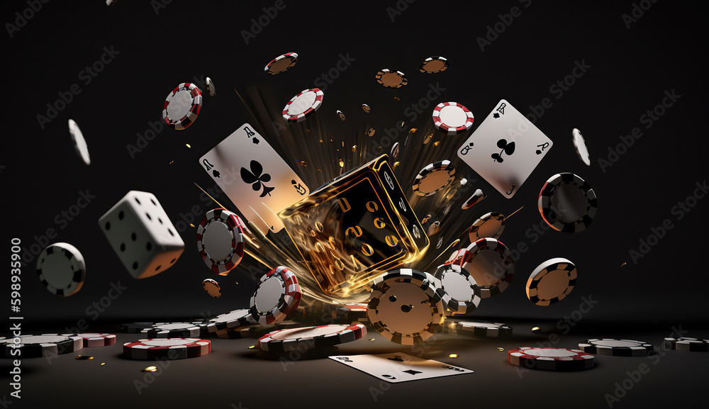 Casino cards game with chips and cubes on dark black background. Flying
