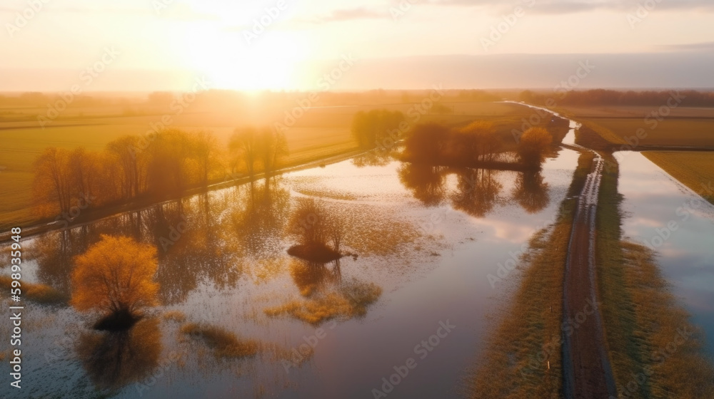 aerial view of a river at sunset. Generative AI