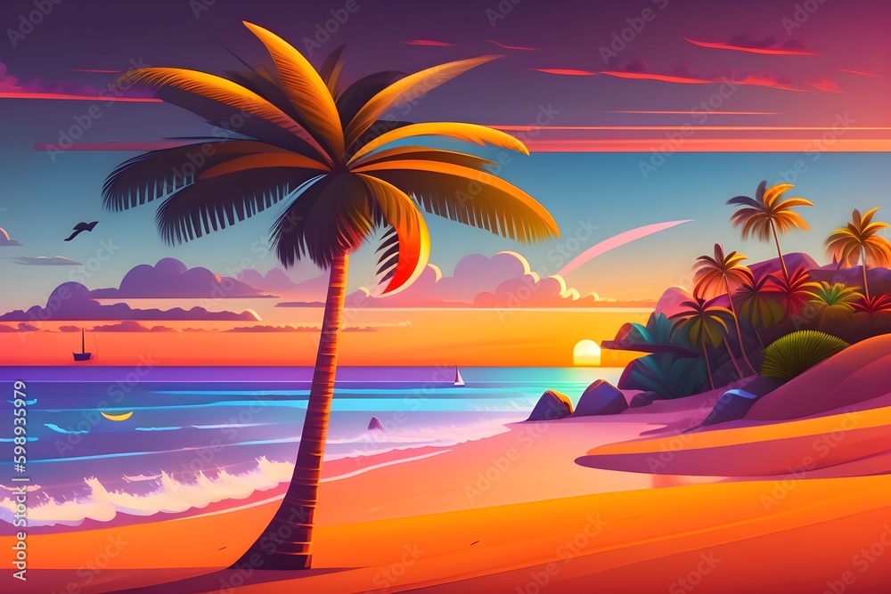 Summer romantic landscape, palm trees and the ocean at sunset. Flat cartoon style. AI generation