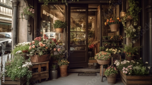 a rustic flower shop with lots of flowers and plants in front of the entrance. Generative AI