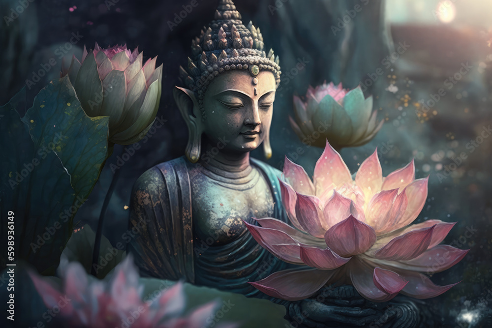 Buddha statue and lotus flowers in garden. Buddha Purnima. Vesak day. Generative ai illustration
