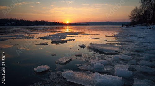 a frozen lake in the sunset. Generative AI