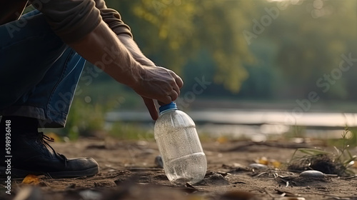 a man collects plastic waste in the forest. Generative AI