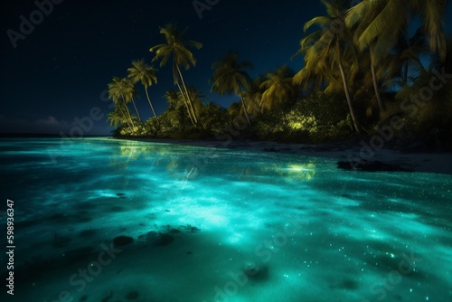 night luminous palm tropical vacation ocean paradise blue beach sky tree. Generative AI. Generative AI