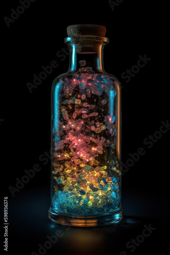 A glass jar filled with lots of colorful rocks. AI generative.