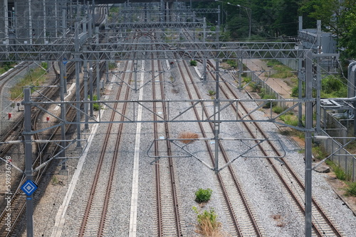 Overhead line wires, gantries and railway tracks photo