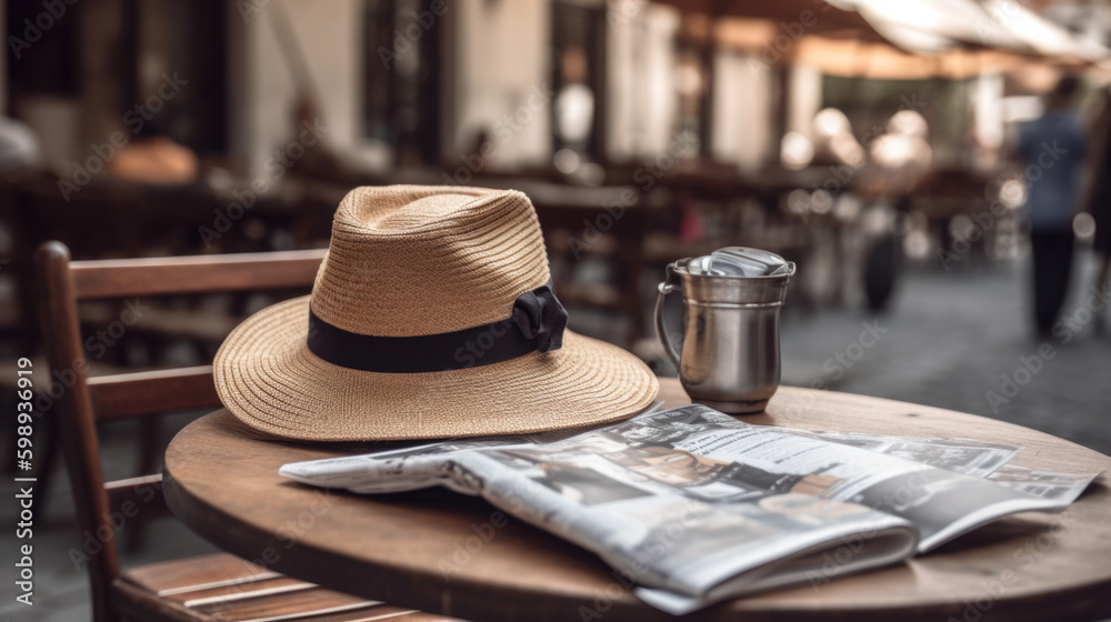 a hat and a newspaper on a table outside in the street. Generative AI