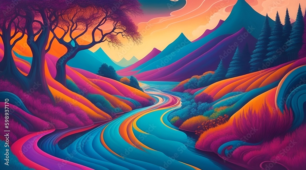 Colorful painting with a river flowing through it, super intricate