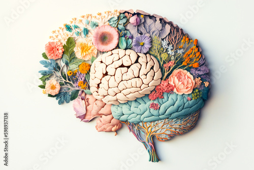 A brain made of flowers. Concept of a clean, beautiful, open mind. Created with Generative AI technology.