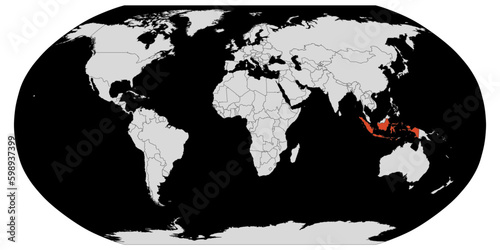 Vector map of the world with the country of Indonesia highlighted highlighted in orange on a dark background.