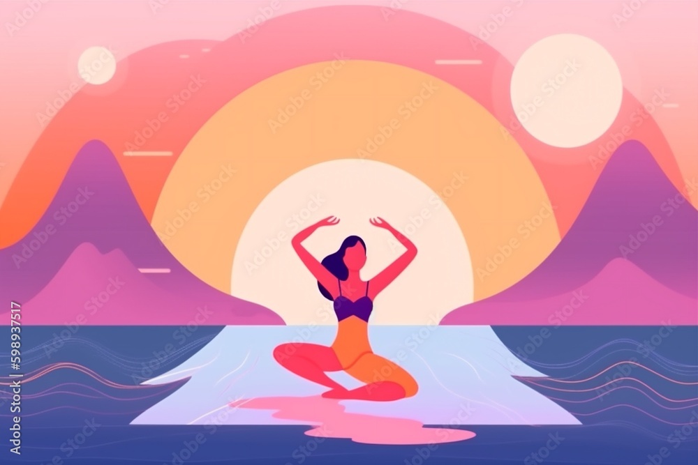 woman sea relaxation exercise ocean lotus back yoga meditation female person. Generative AI. Generative AI