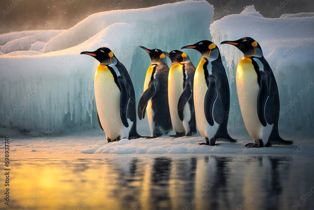 Fototapeta premium Penguins on ice near the ocean. Created with Generative AI technology.