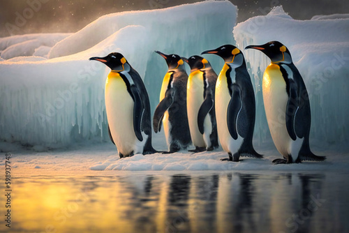 Penguins on ice near the ocean. Created with Generative AI technology.