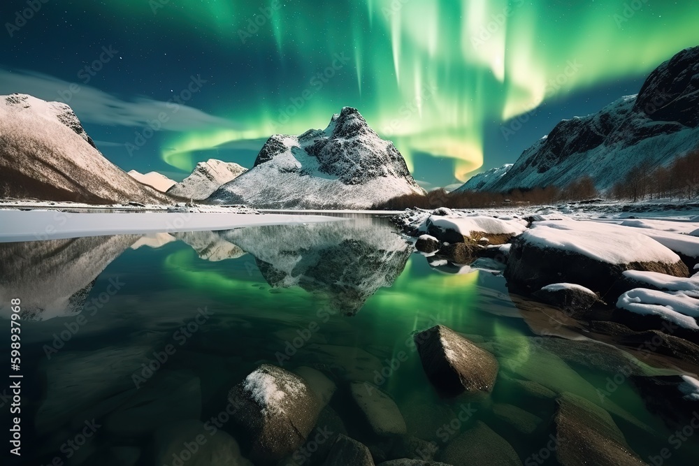 aurora borealis, lake and mountains