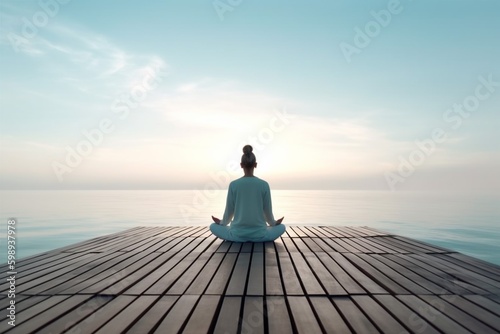 young woman summer exercise lifestyle yoga pose lotus fitness sea pier ocean. Generative AI. Generative AI