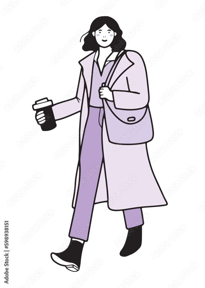 Hand drawn woman or young adult walking in casual clothes with takeaway coffee, outlined isolated vector illustration in line design