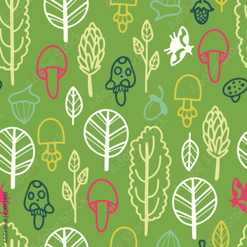 Hand drawn vector seamless pattern with doodle line bushes, trees and mushrooms, forest in childish style