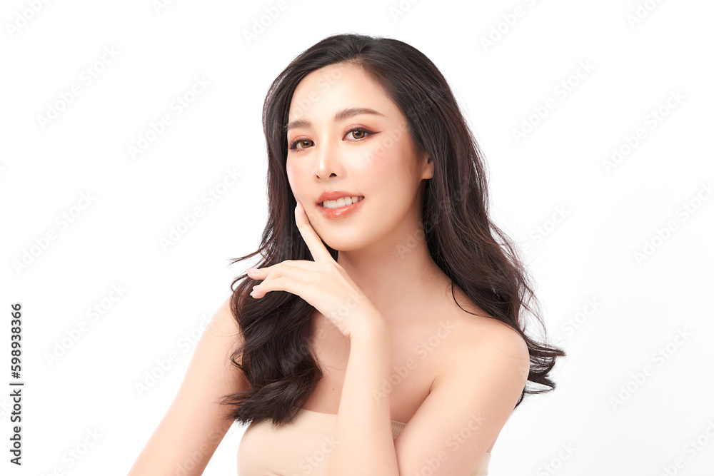 Naklejka premium Beautiful young asian woman with clean fresh skin on white background, Face care, Facial treatment, Cosmetology, beauty and spa, Asian women portrait.