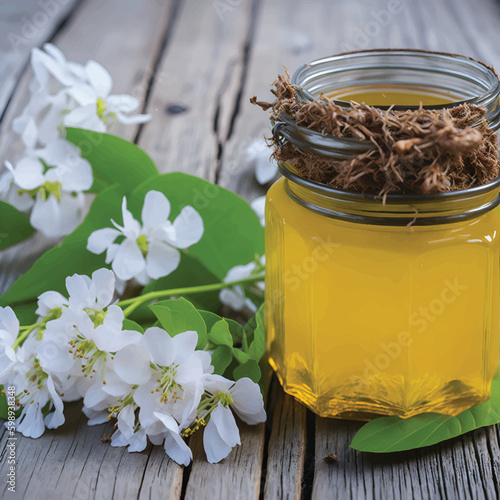 still life with flowers and honey