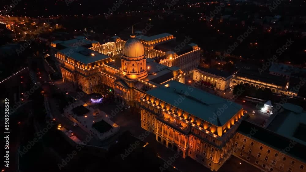 Aerial night view of Buda Castle Royal Palace in Budapest city, Hungary Aerial night view of Buda Castle Royal Palace in Budapest city, Hungary