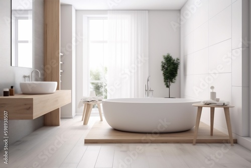 loft modern white home luxury architecture house bathroom wood interior bathtub. Generative AI. Generative AI © VICHIZH