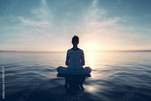 woman lotus sea pier summer yoga young pose fitness ocean lifestyle spring. Generative AI. Generative AI