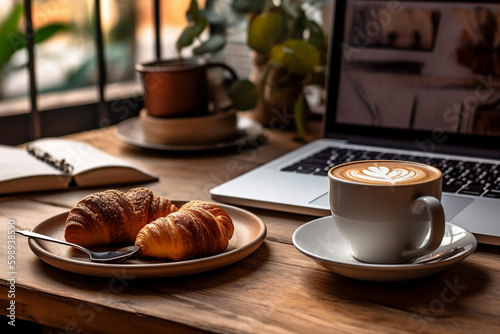A cup of cappuccino, coffee and breakfast pastries on a wooden table with a laptop computer for work and accessories.