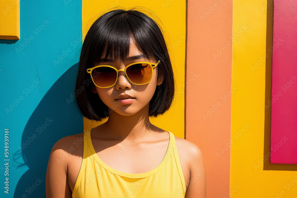 Portrait of an asian teen girl with sunglasses on a abstract painted background, summer vibrancy. Generative AI. Portrait of an asian teen girl with sunglasses on a abstract painted background, summer vibrancy. Generative AI.