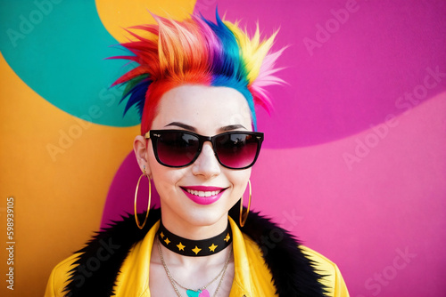Portrait of a woman with mohawk hair and sunglasses on a abstract colorful painted wall background, summer vibrancy. Generative AI.