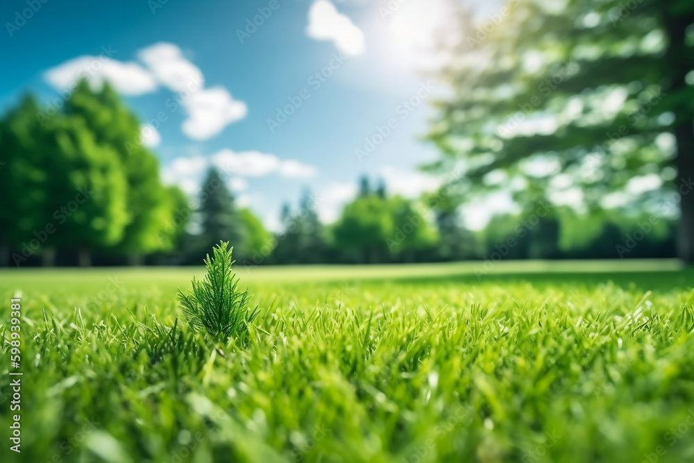 Beautiful blurred background image of spring nature with a neatly trimmed lawn surrounded by trees against a blue sky with clouds on a bright sunny day.