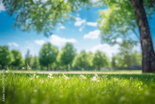 Beautiful blurred background image of spring nature with a neatly trimmed lawn surrounded by trees against a blue sky with clouds on a bright sunny day.