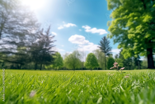 Beautiful blurred background image of spring nature with a neatly trimmed lawn surrounded by trees against a blue sky with clouds on a bright sunny day.