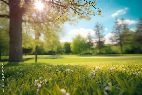 Beautiful blurred background image of spring nature with a neatly trimmed lawn surrounded by trees against a blue sky with clouds on a bright sunny day.